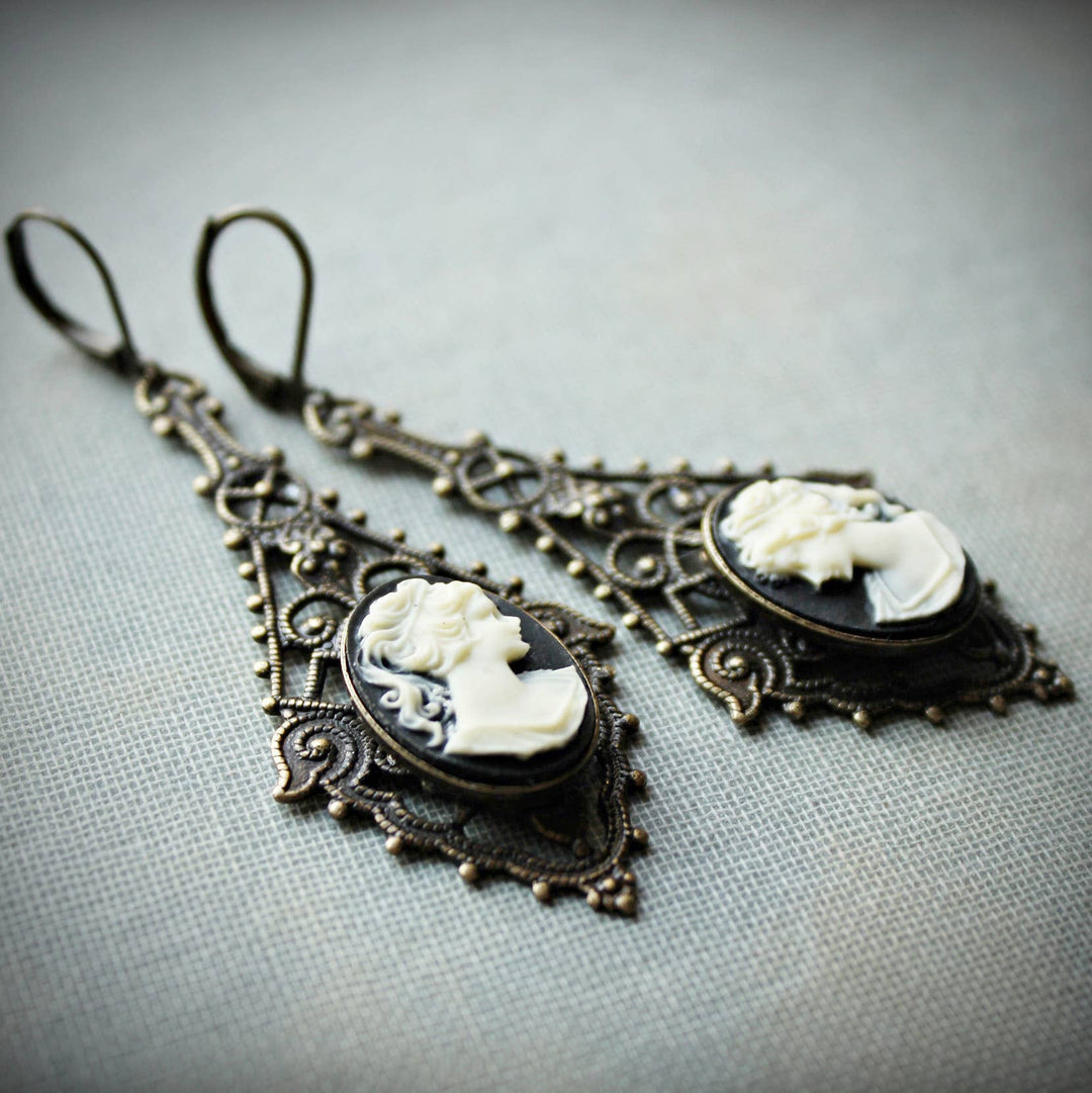 Circa 1890 - Large Filigree Black and Ivory Cameo Earrings