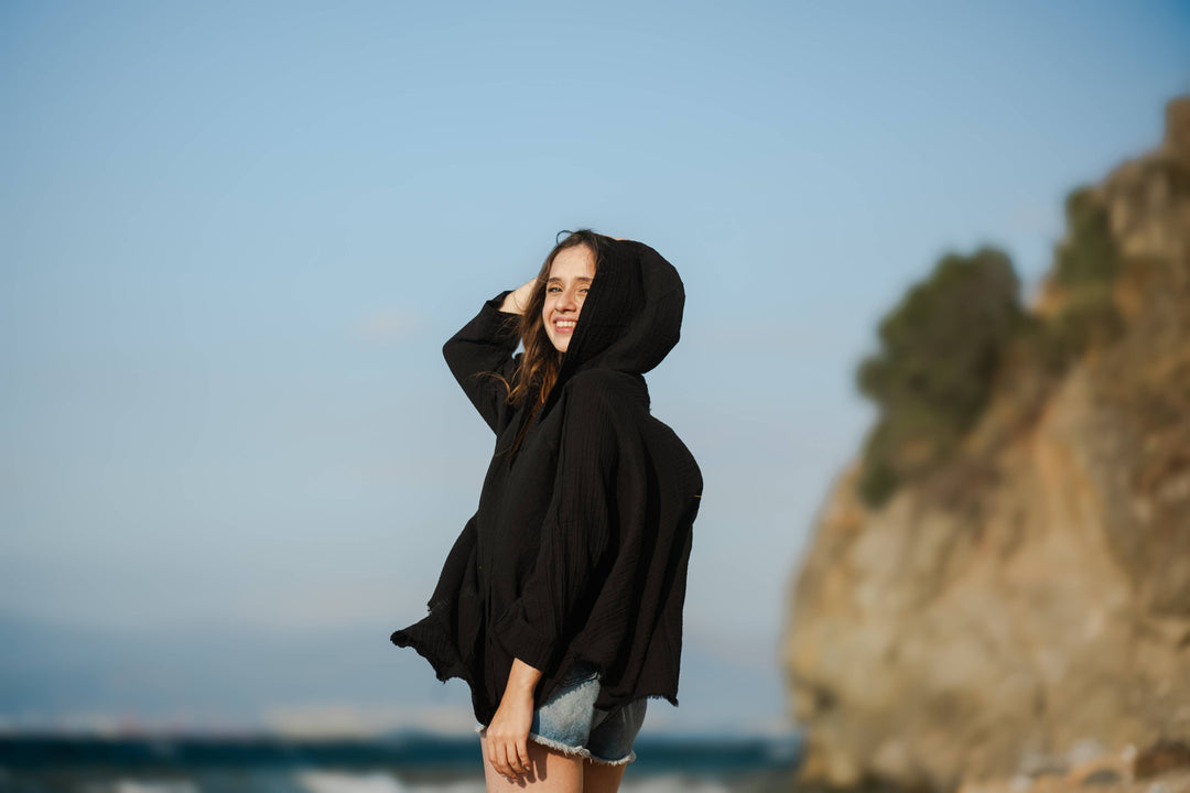 Moa Cotton Robe with Hoodie Black