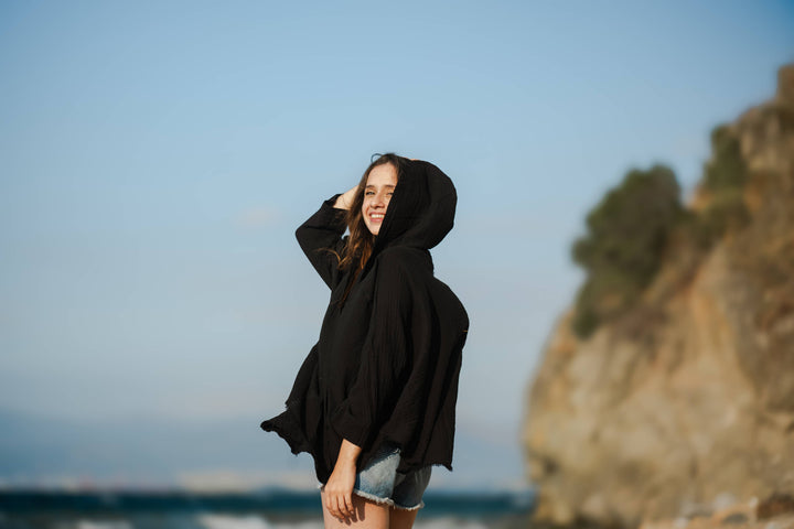 Moa Cotton Robe with Hoodie Black