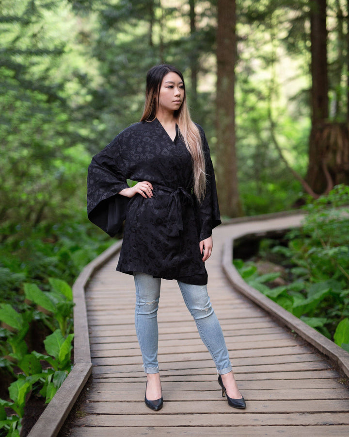 Black Kimono Sleeve Jacket Robe Satin Floral Print