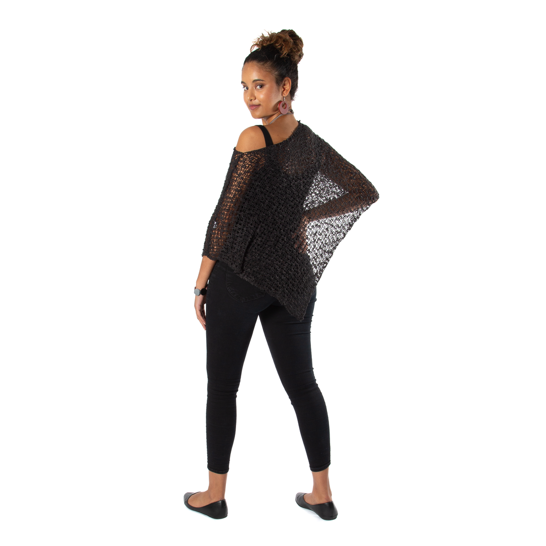 Short Popcorn Knit Poncho - Black