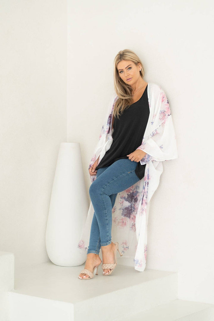 White Pink & Purple Floral Long Duster Kimono Beach Cover Up