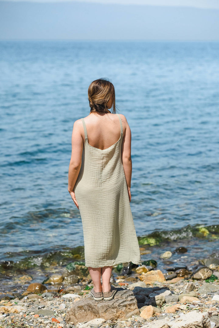 Moa - Double Gauze  Beige Muslin Sleeveless Cami Dress