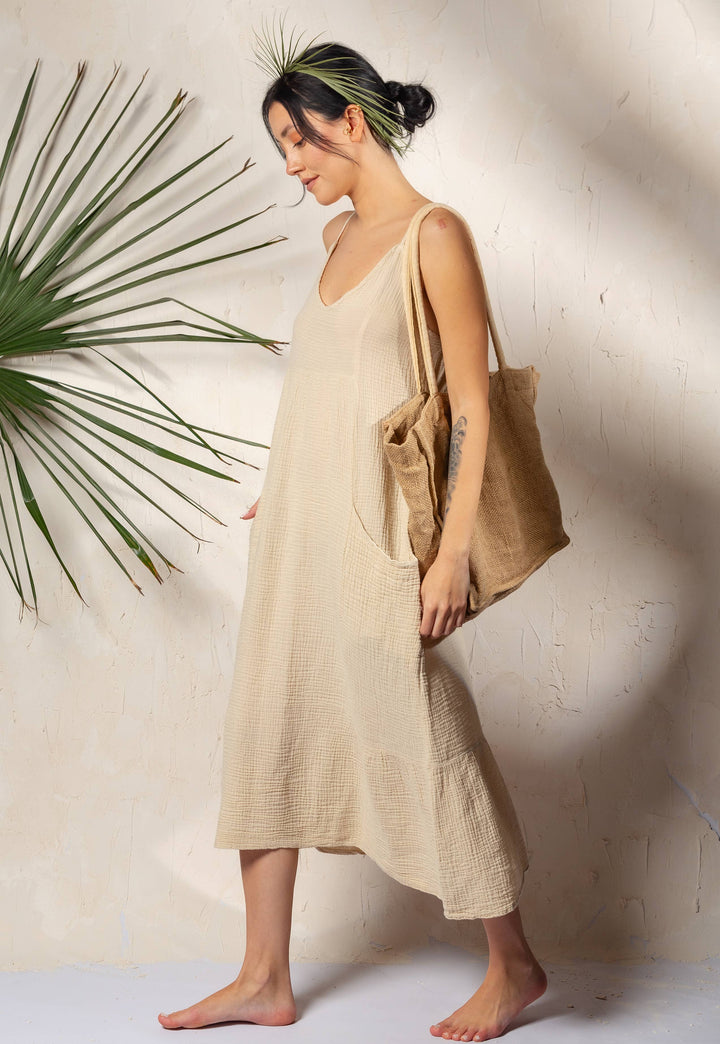 Moa - Beige Double Gauze Strap Dress