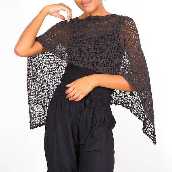 Short Popcorn Knit Poncho - Black