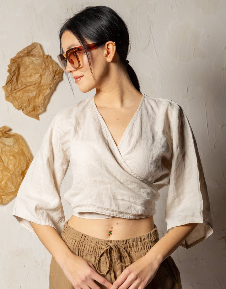 Moa - Cream Linen Wrap Crop Top