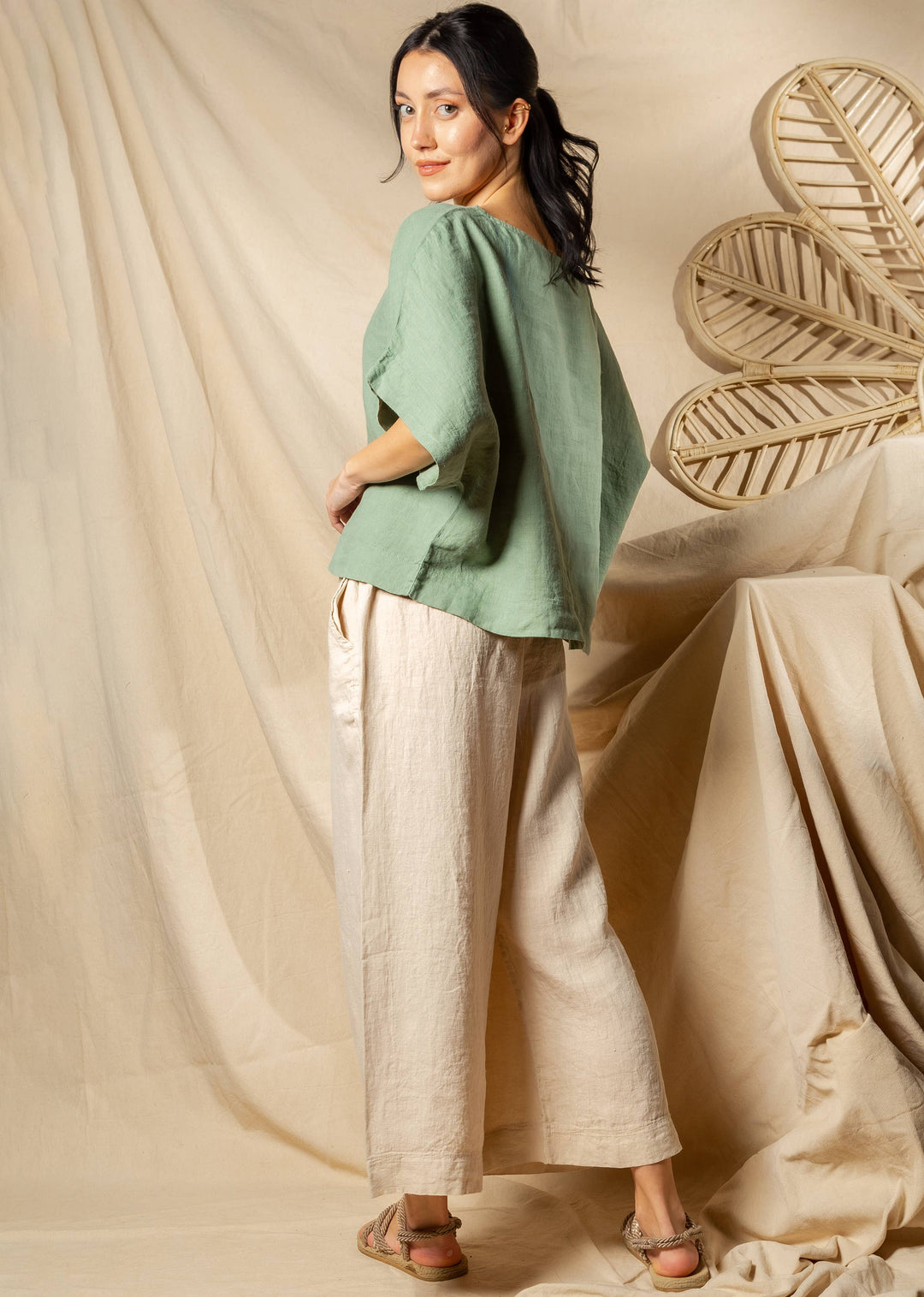Moa - Beige High Waisted Linen Pants