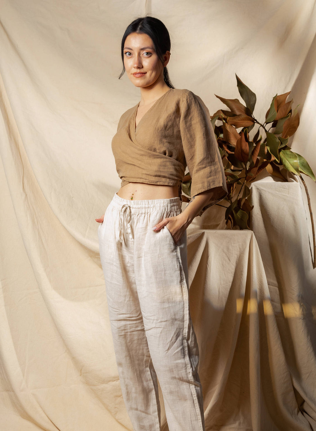 Moa - Cream Linen Wrap Crop Top