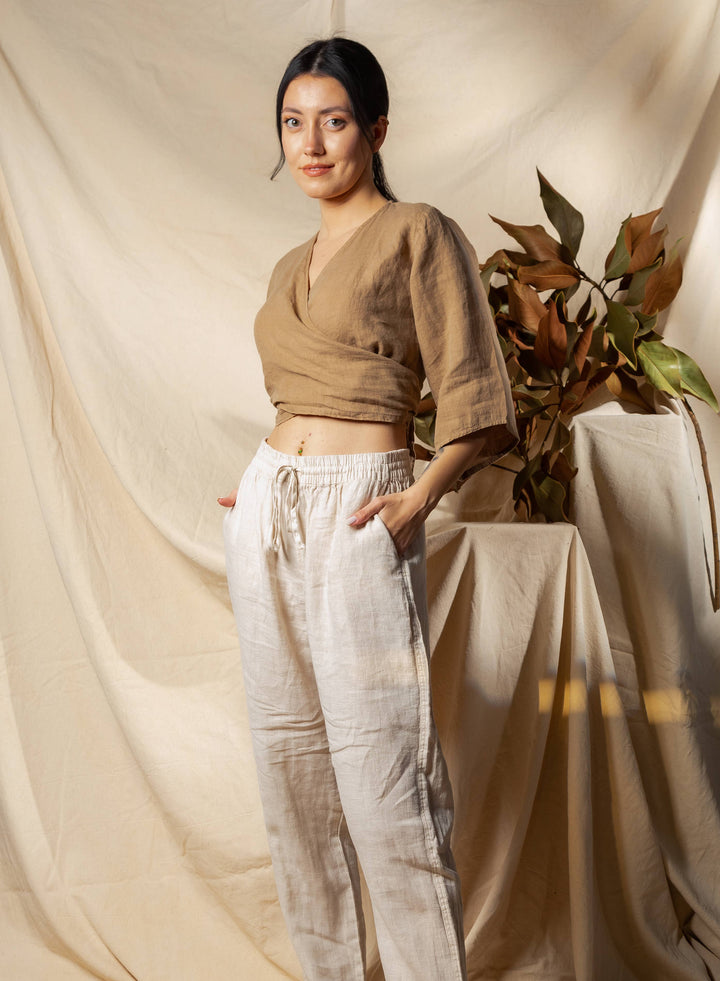 Moa - Cream Linen Wrap Crop Top