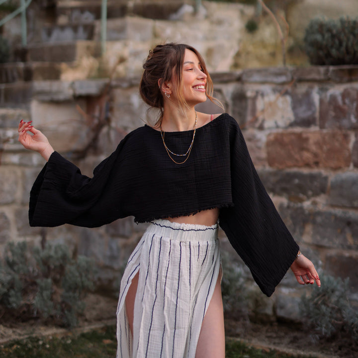 Moa - Black Off Shoulder Crop Top Blouse