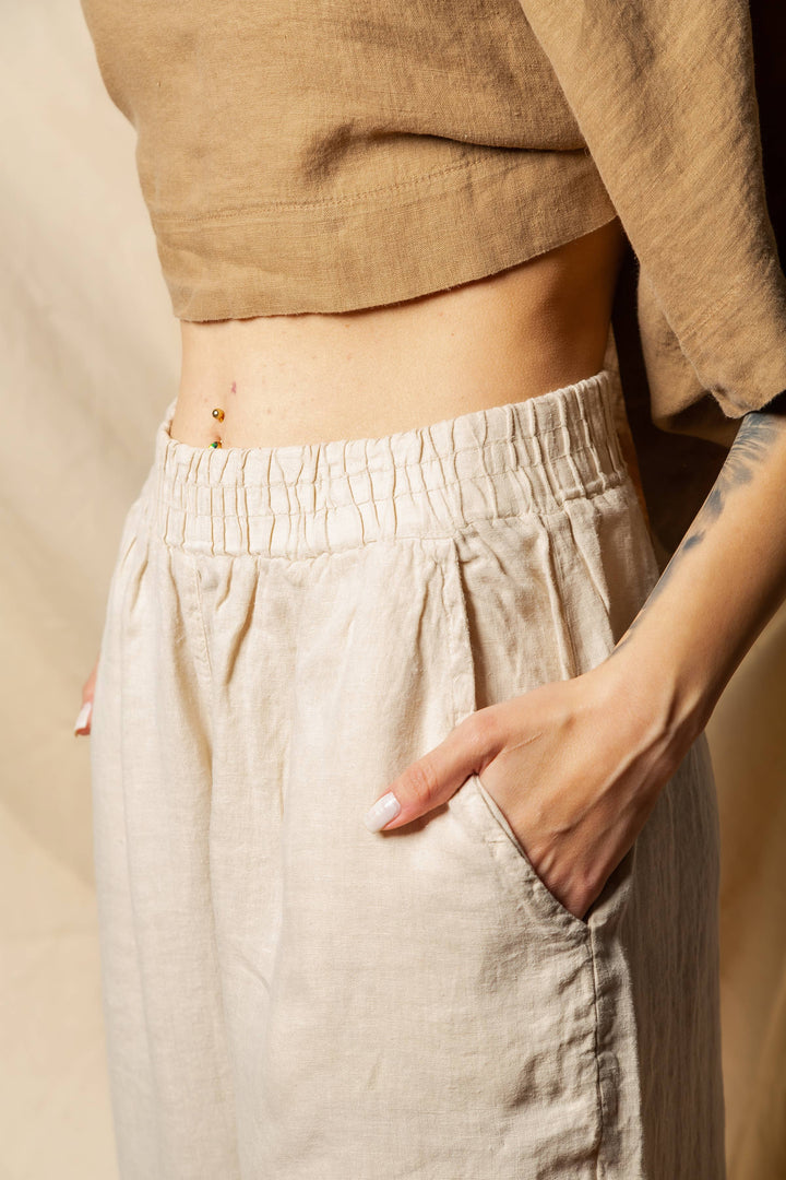 Moa - Beige High Waisted Linen Pants