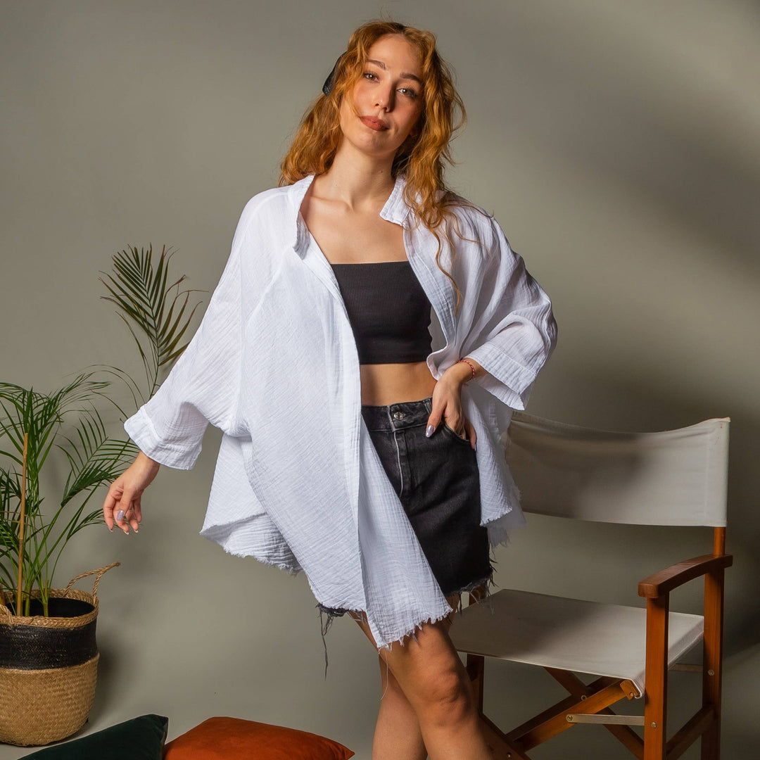 Moa - Double Layer White Muslin Cardigan Jacket
