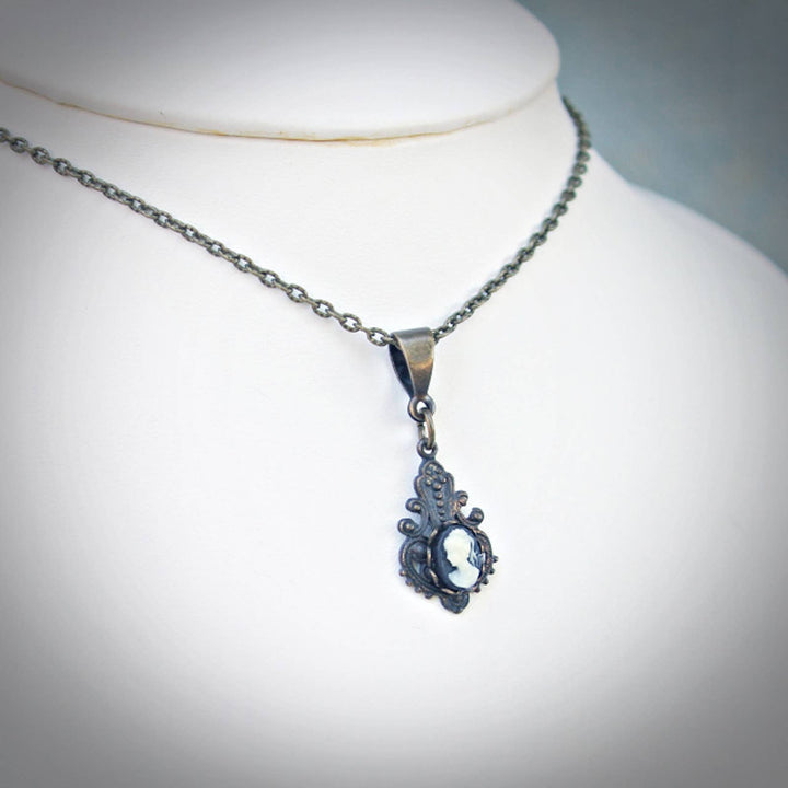 Circa 1890 - Petite Black and Ivory Cameo Pendant in Vintage Style