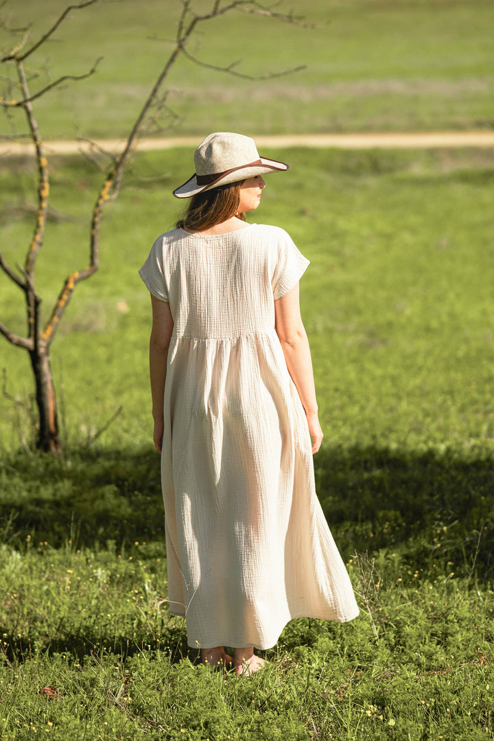 Moa - Double Gauze Cotton Beige Midi Dress