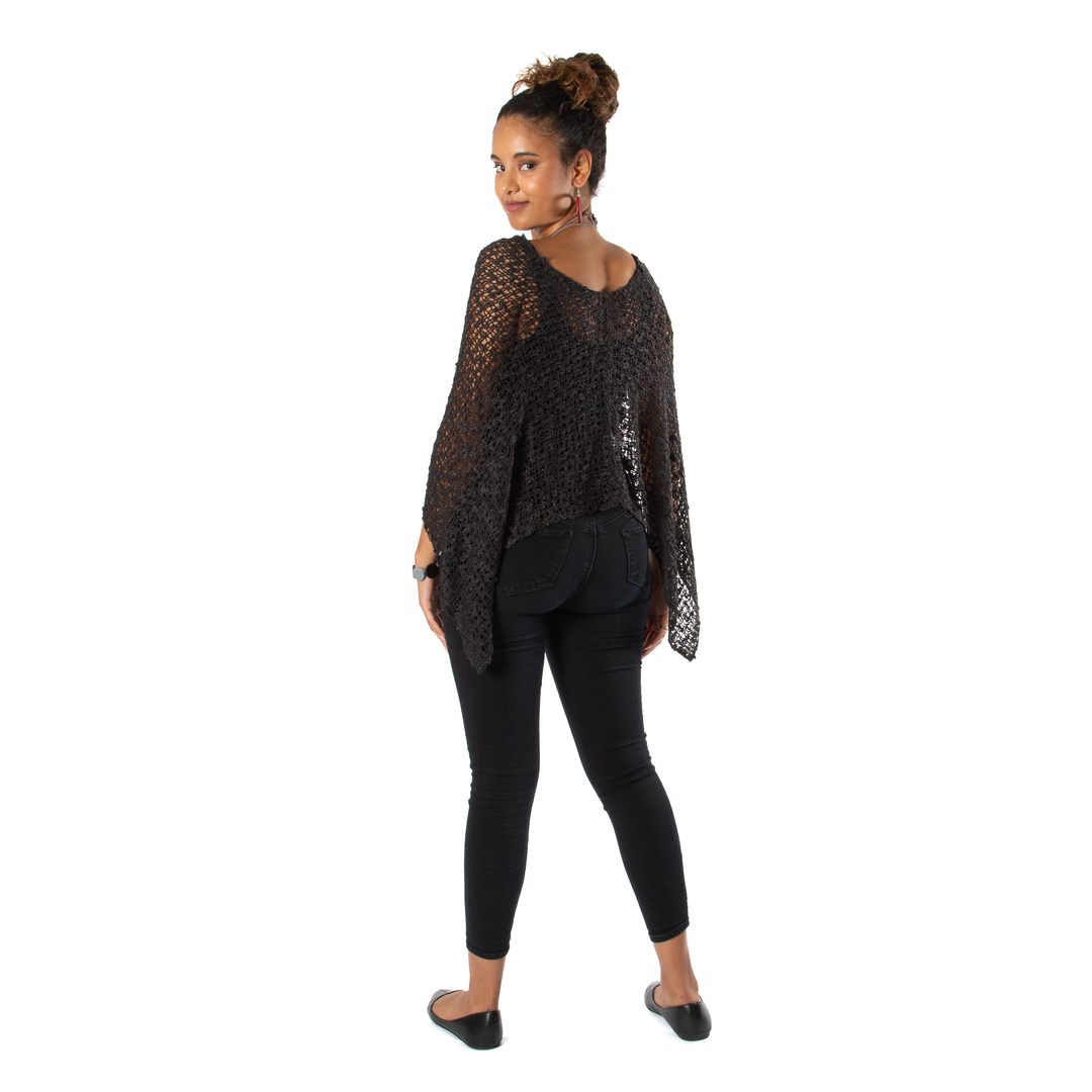 Short Popcorn Knit Poncho - Black