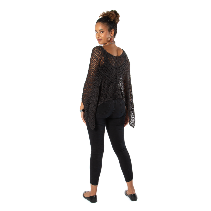 Short Popcorn Knit Poncho - Black