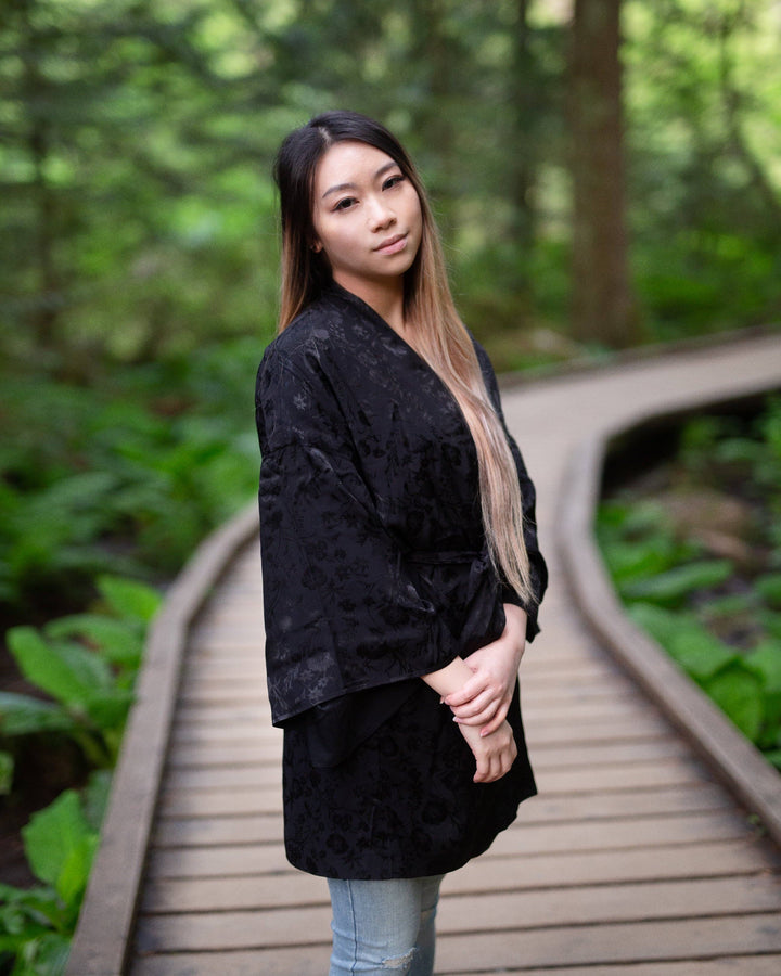 Black Kimono Sleeve Jacket Robe Satin Floral Print
