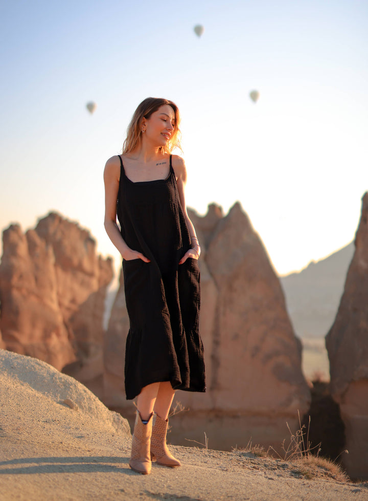 Moa - Beige Double Gauze Strap Dress