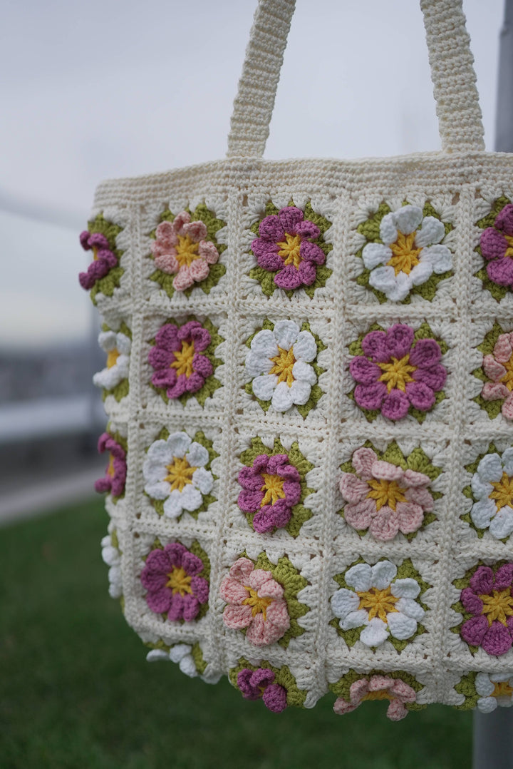 Janzy - Handmade Oversized Floral Pink and White Crochet Tote Bag