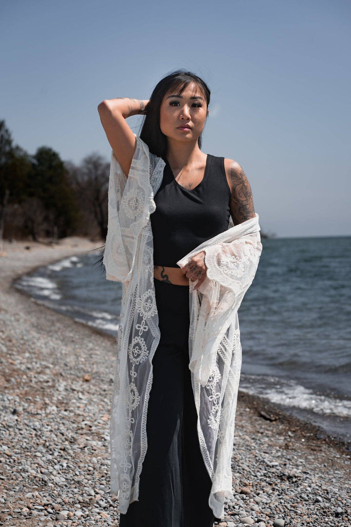 Lace Cover Up Wrap Kimono Embroidered Crochet with Belt