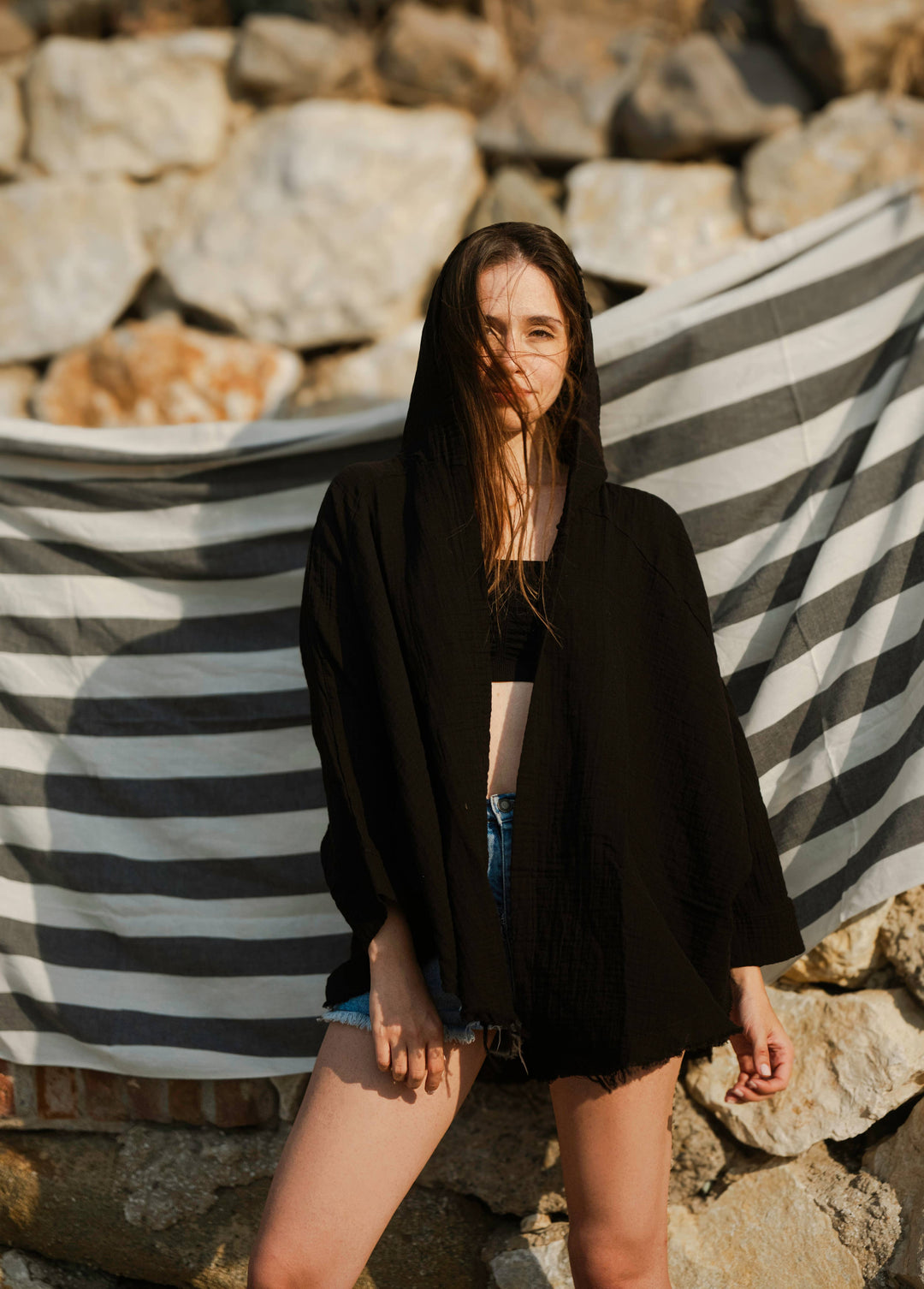 Moa Cotton Robe with Hoodie Black