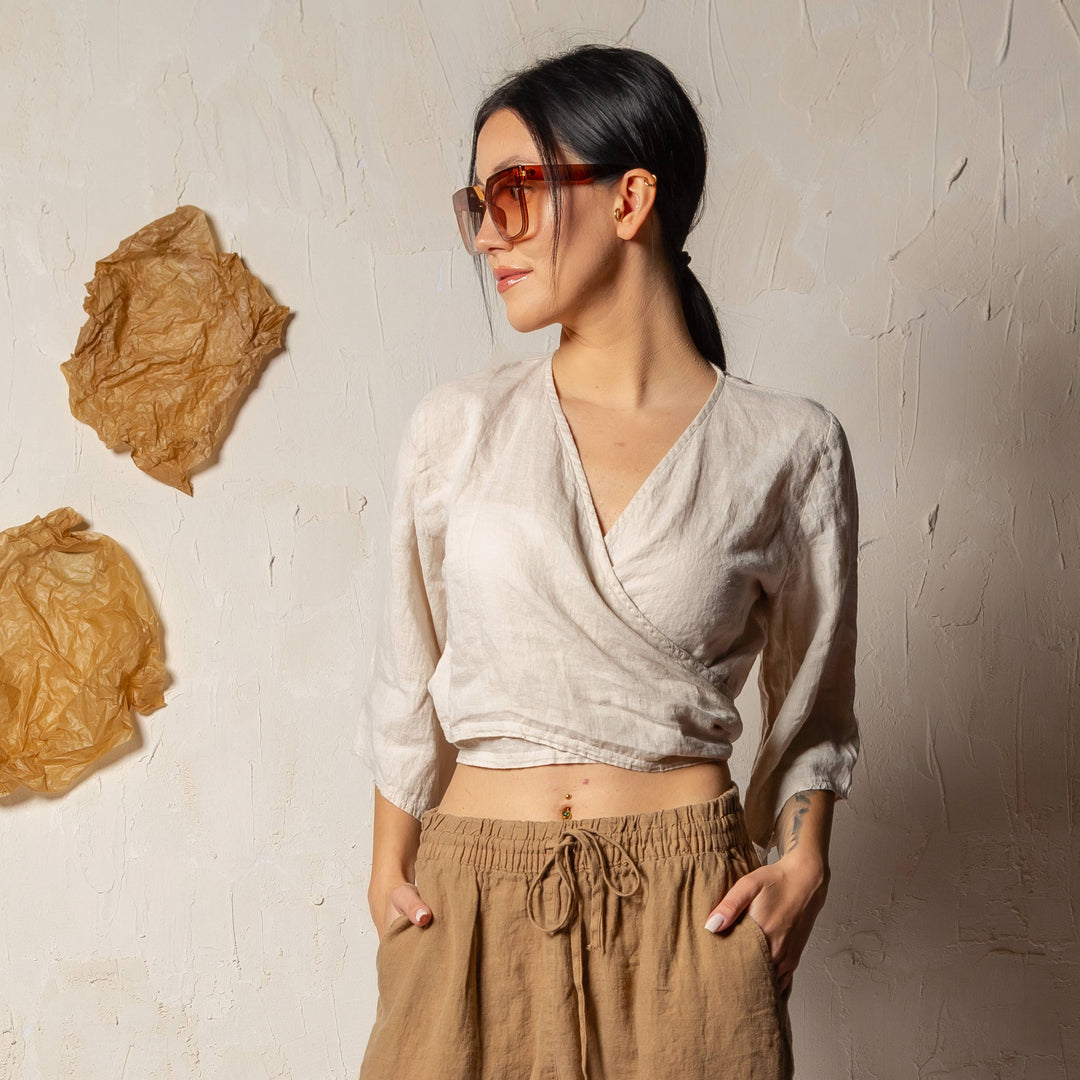 Moa - Cream Linen Wrap Crop Top