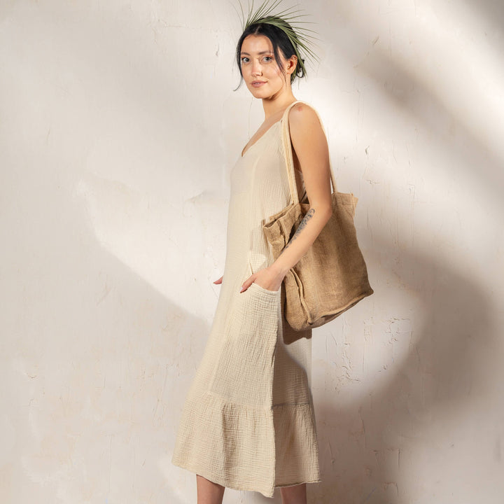 Moa - Beige Double Gauze Strap Dress