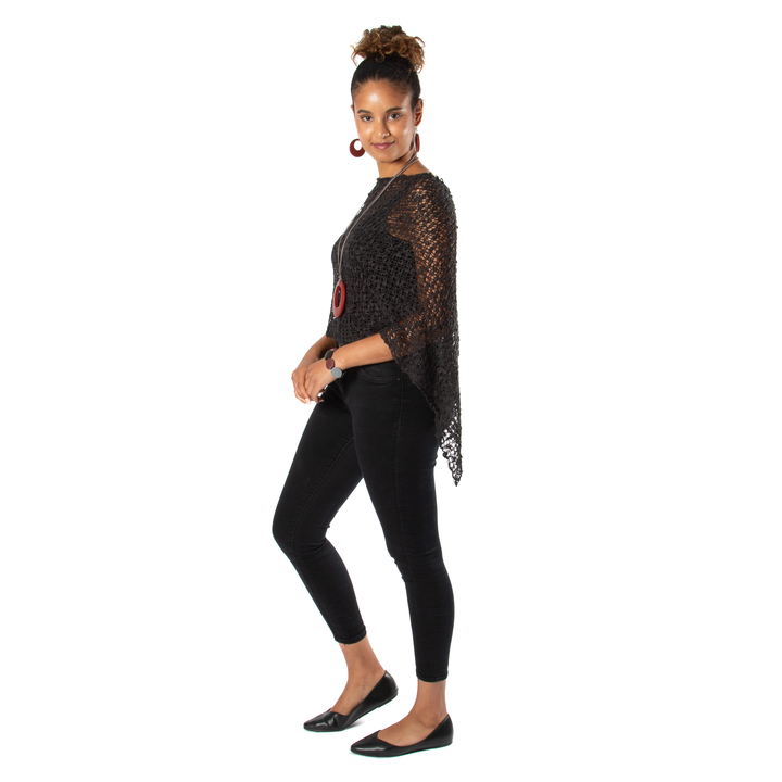 Short Popcorn Knit Poncho - Black