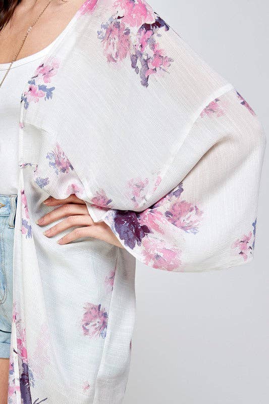 White Pink & Purple Floral Long Duster Kimono Beach Cover Up