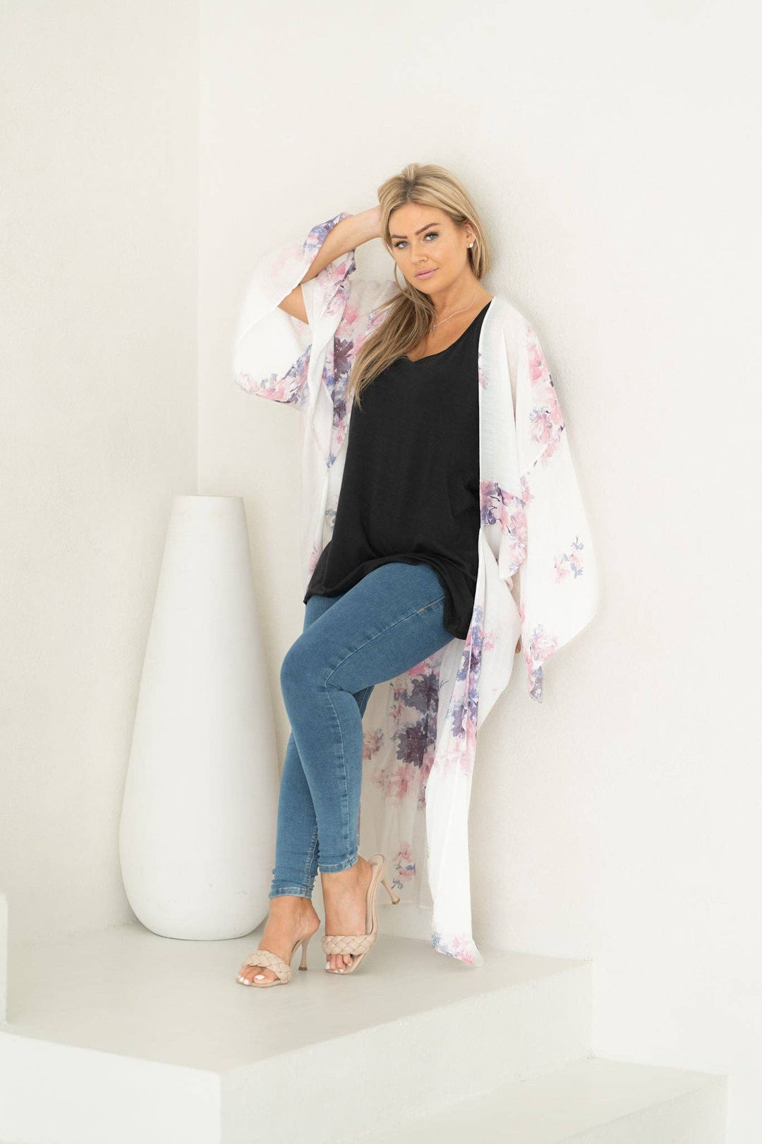 White Pink & Purple Floral Long Duster Kimono Beach Cover Up
