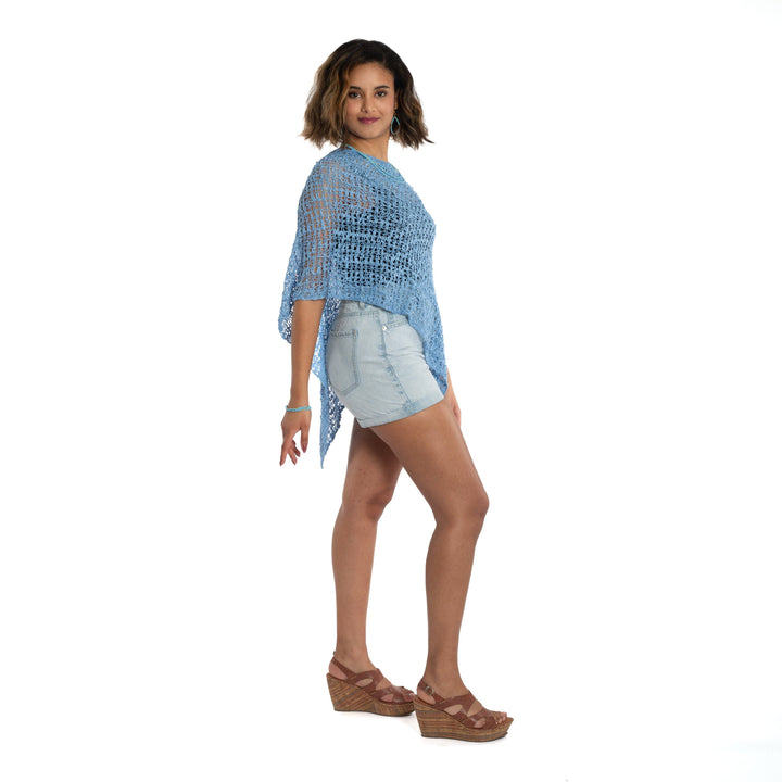 Suzie Blue Canada - Popcorn Knit Poncho - Blue