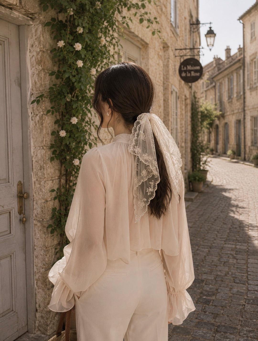 White embroidered lace head & bag scarf