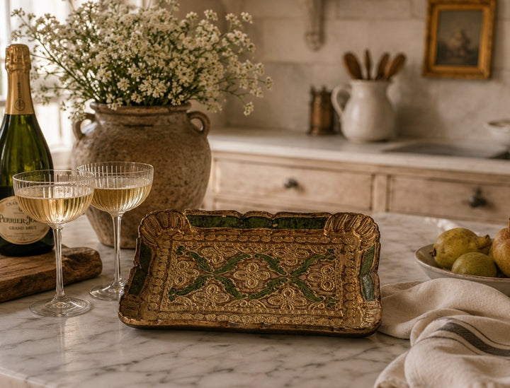 Florentine Tray Ornate Vintage Green and Gold