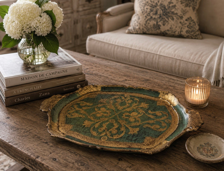 Large Gold and Green Ornate Florentine Tray Vintage Antique