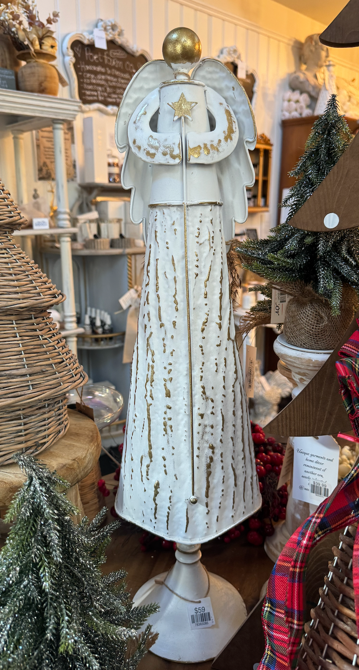 Large Metal Winged Angel White and Gold