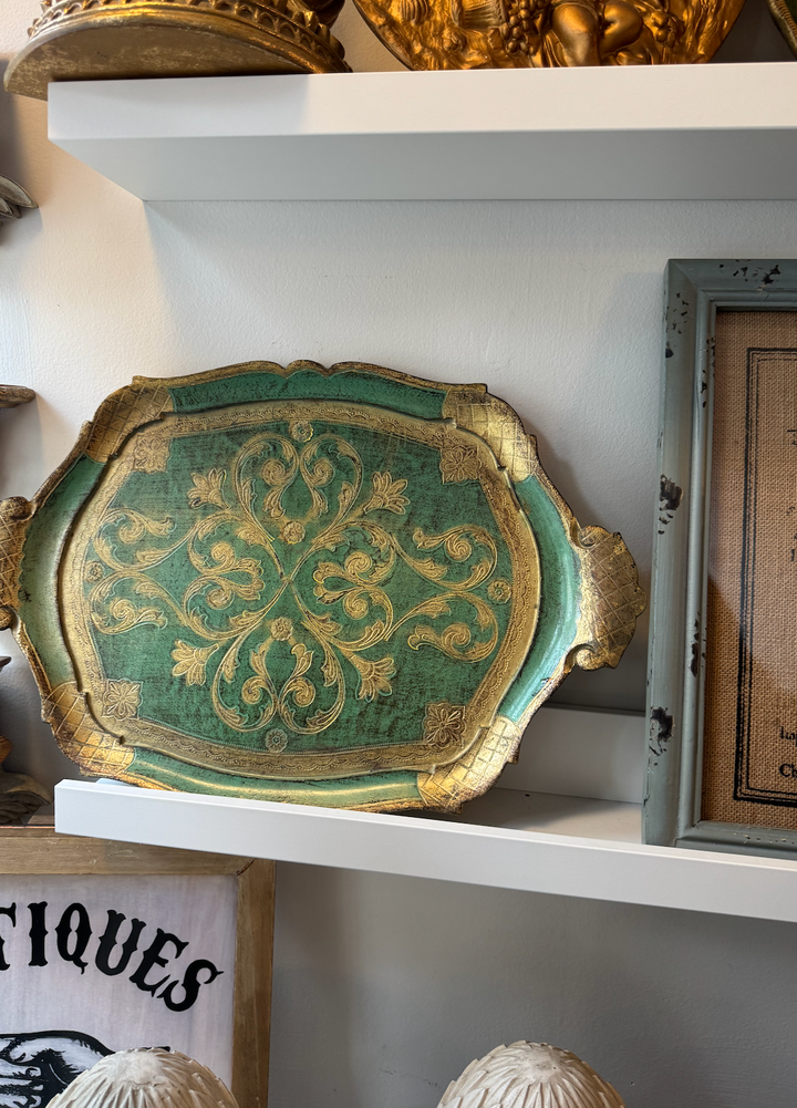 Large Gold and Green Ornate Florentine Tray Vintage Antique