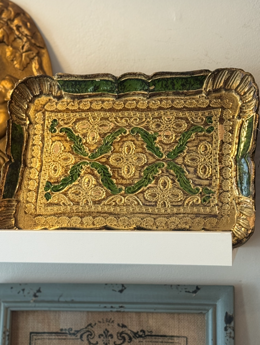 Florentine Tray Ornate Vintage Green and Gold