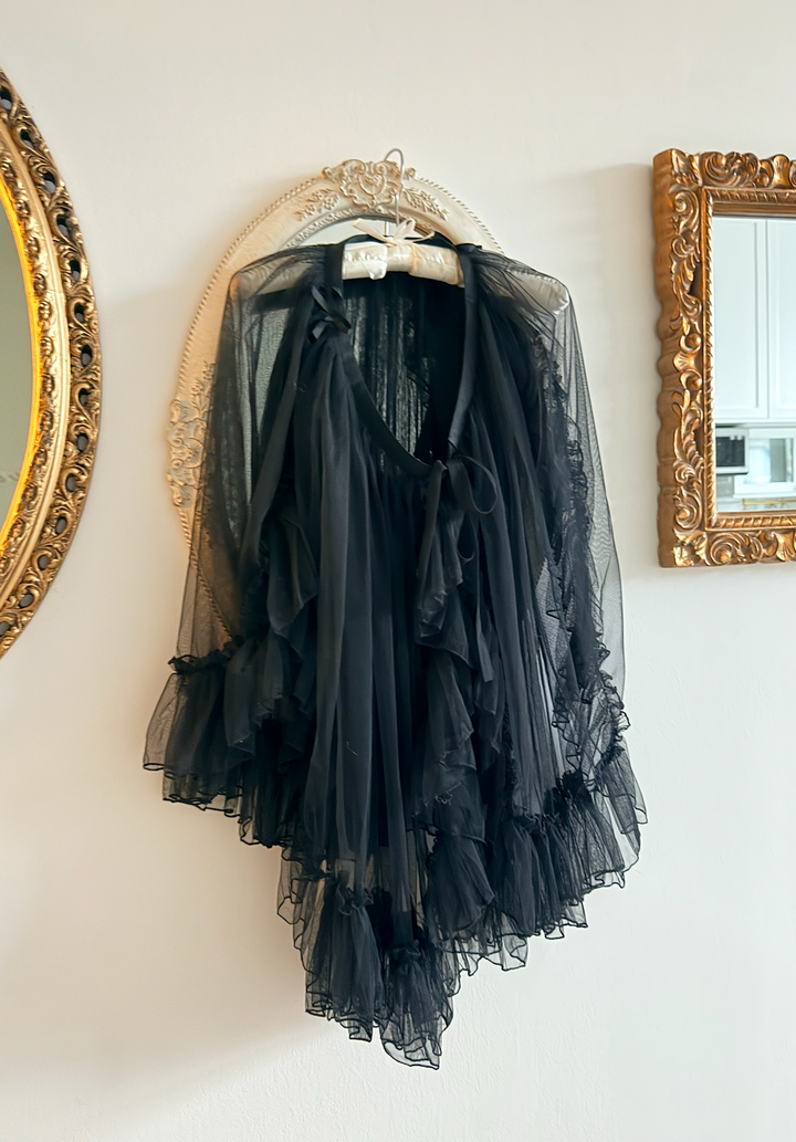 Long ruffle overskirt or shawl in black with bows