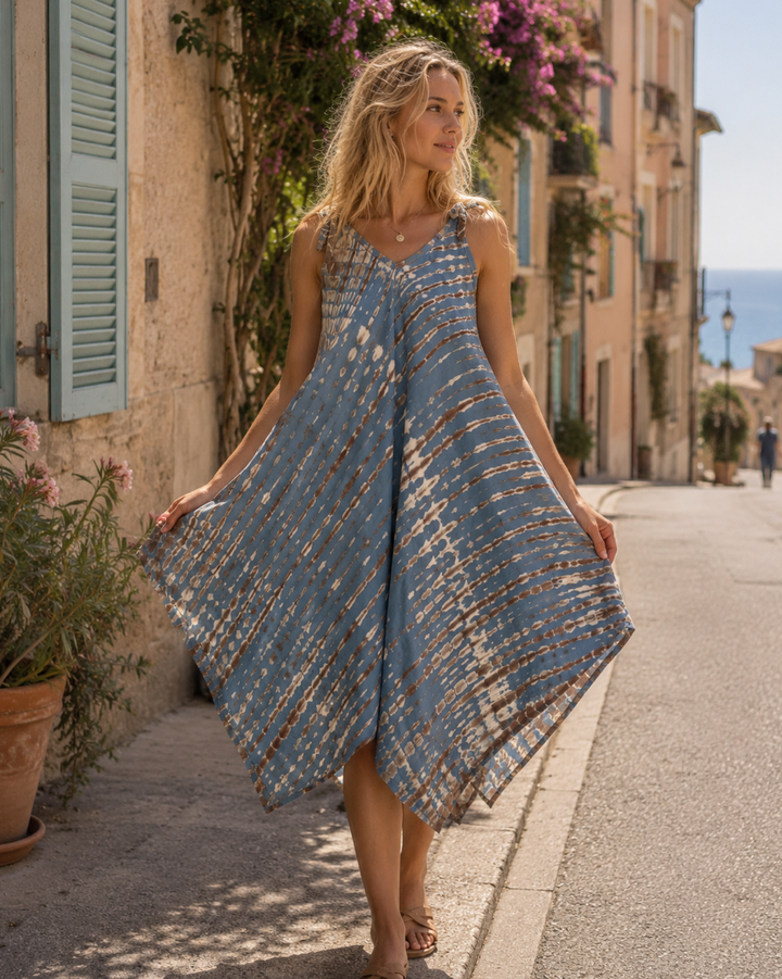 Handkerchief Dress In Tan & Grey Tie Dye