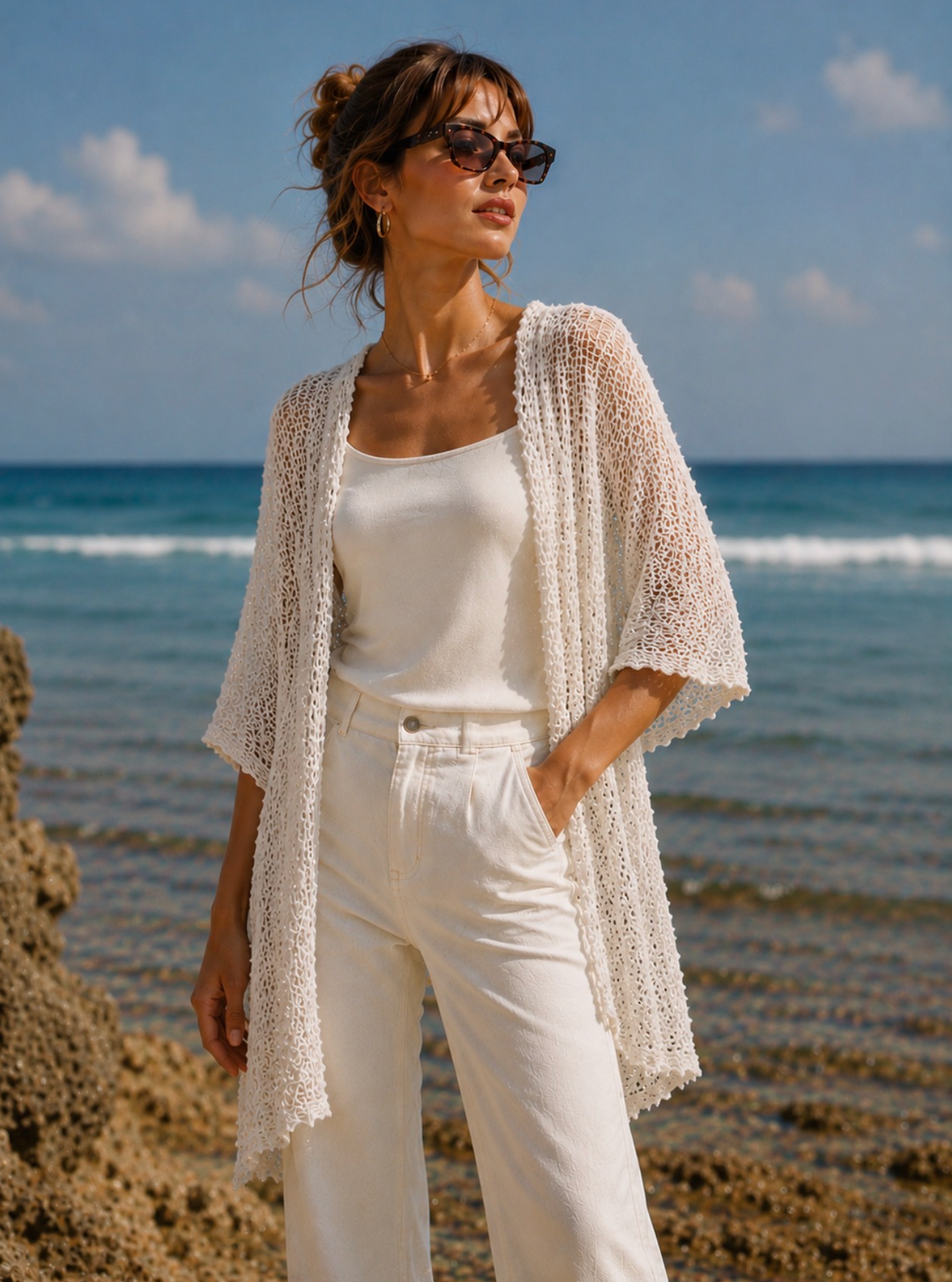 Mid Length Knit Cardigan White