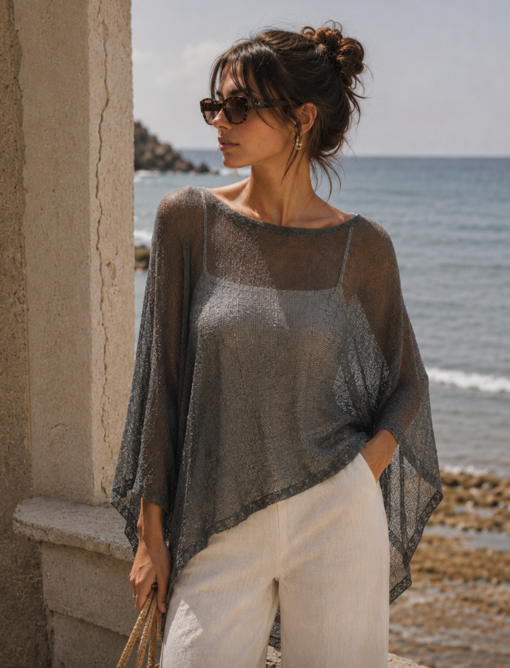 Grey-Blue Sheer Mesh Poncho