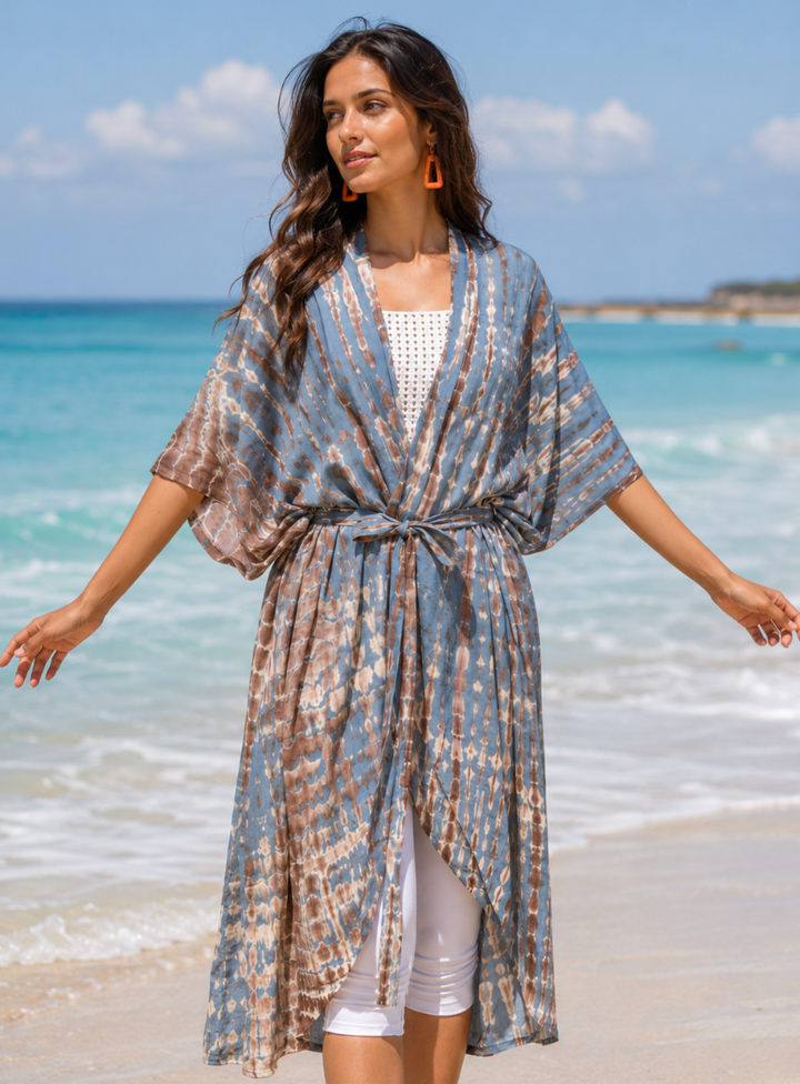 Bali Kimono In Tan & Grey Tie Dye