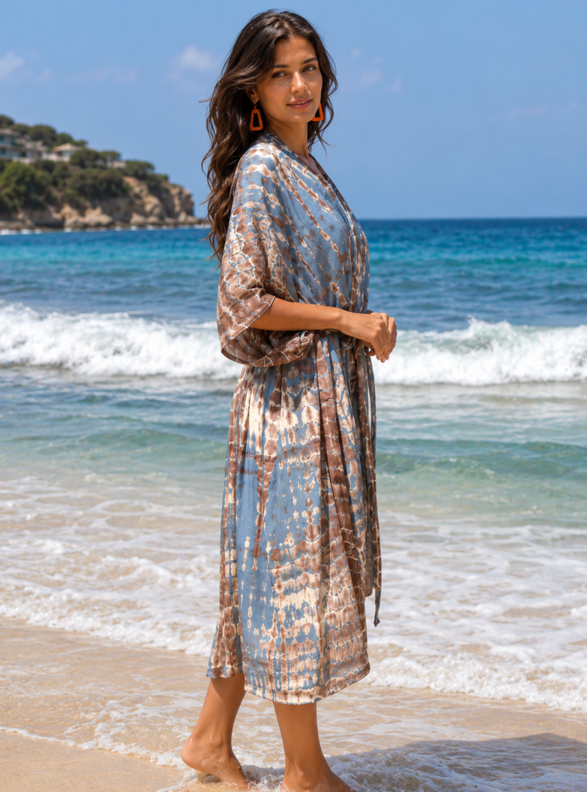 Bali Kimono In Tan & Grey Tie Dye