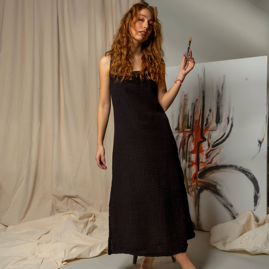 Moa - Double Gauze  Beige Muslin Sleeveless Cami Dress
