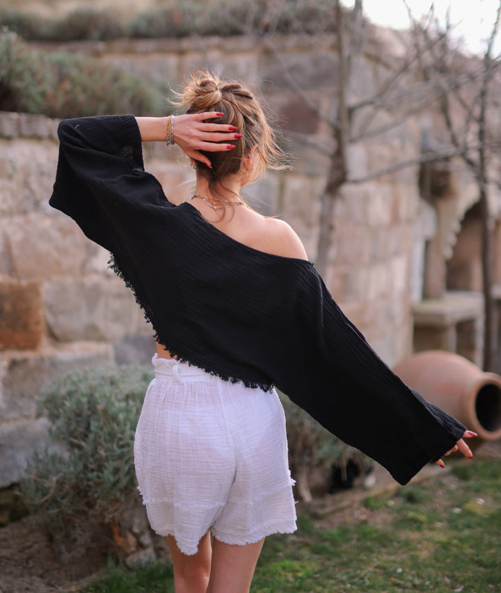 Moa - Black Off Shoulder Crop Top Blouse
