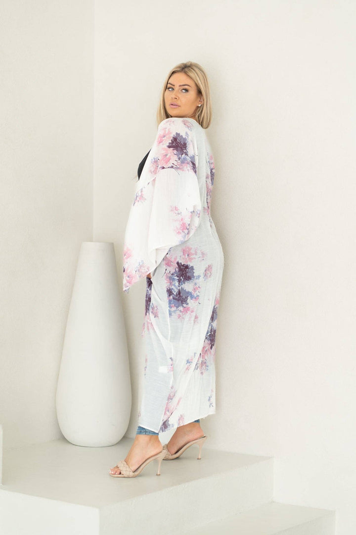 White Pink & Purple Floral Long Duster Kimono Beach Cover Up