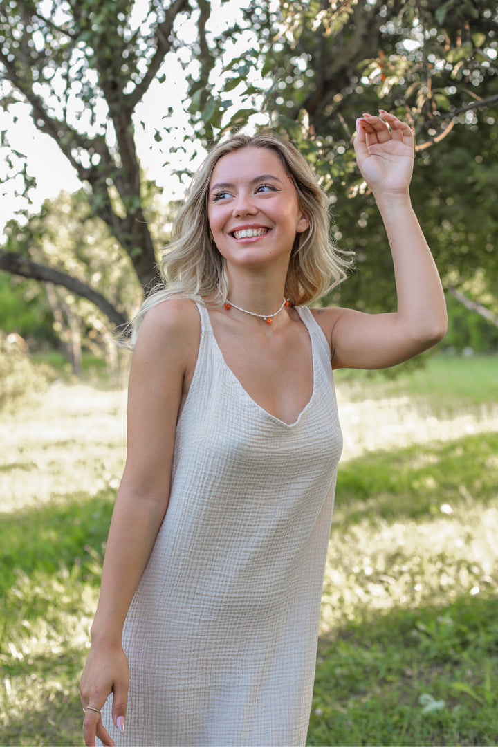Moa - Double Gauze  Beige Muslin Sleeveless Cami Dress