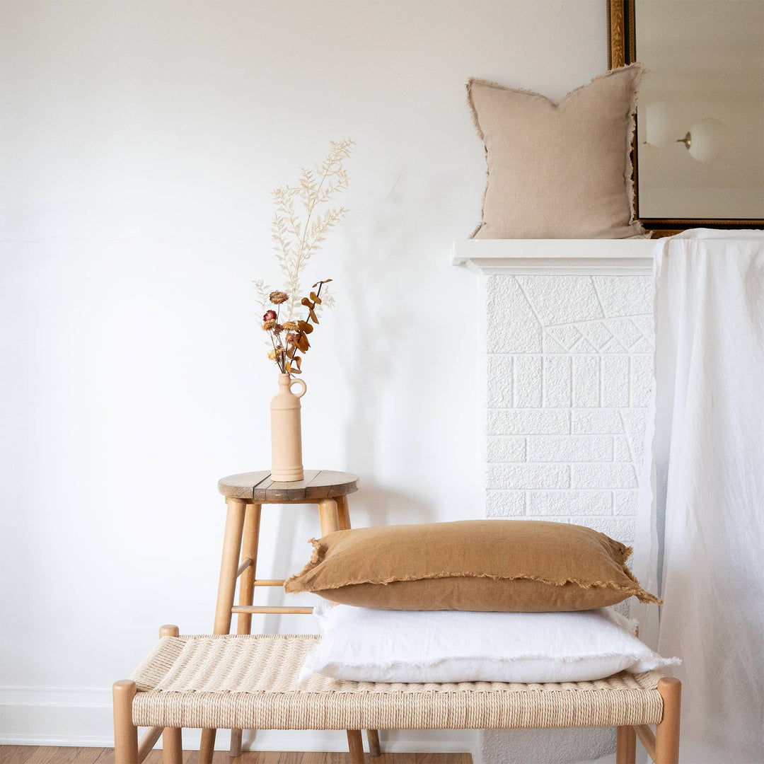 SOCCO Designs - Lumbar Fringed Linen Pillow COVER - White