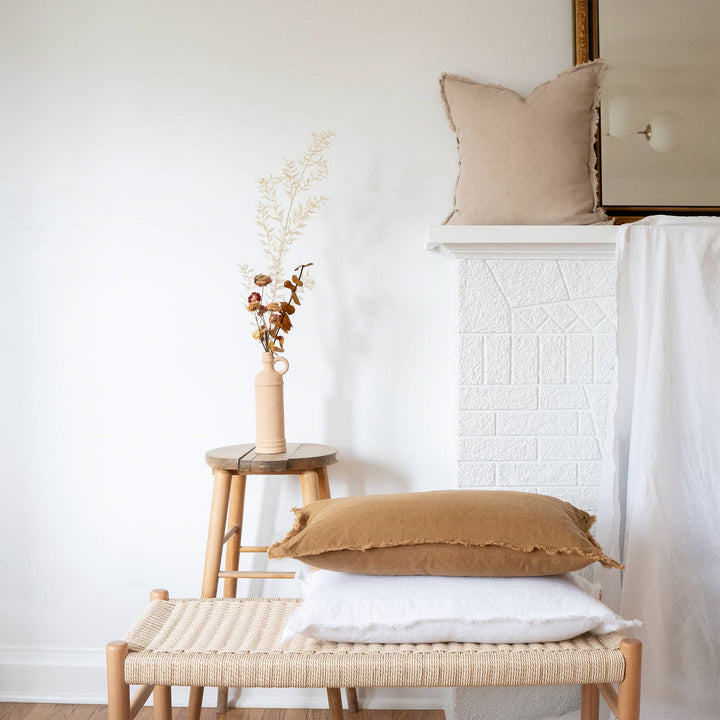 SOCCO Designs - Lumbar Fringed Linen Pillow COVER - White