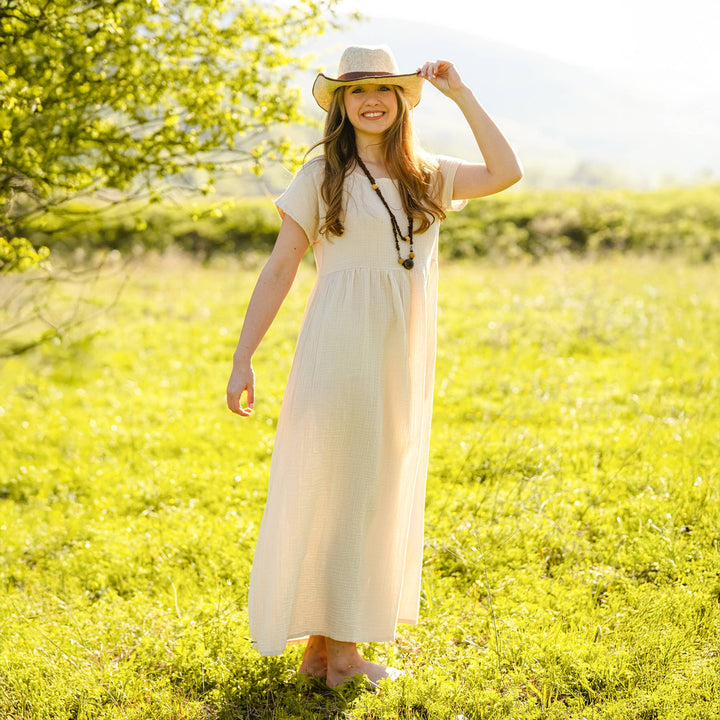 Moa - Double Gauze Cotton Beige Midi Dress